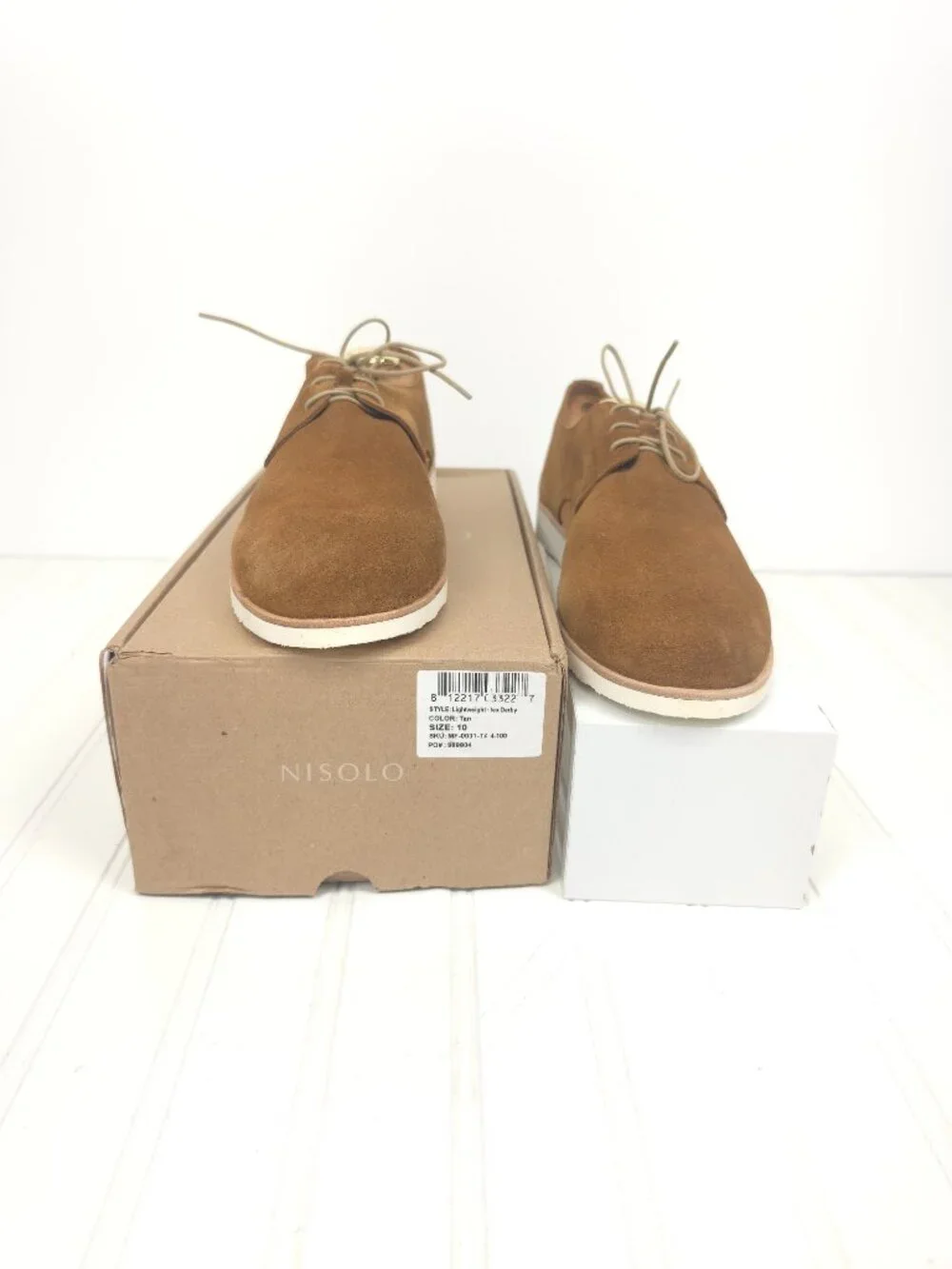 NIB Men's NISOLO Lightweight Flex Derby Suede Leather Oxford Tan Size 10